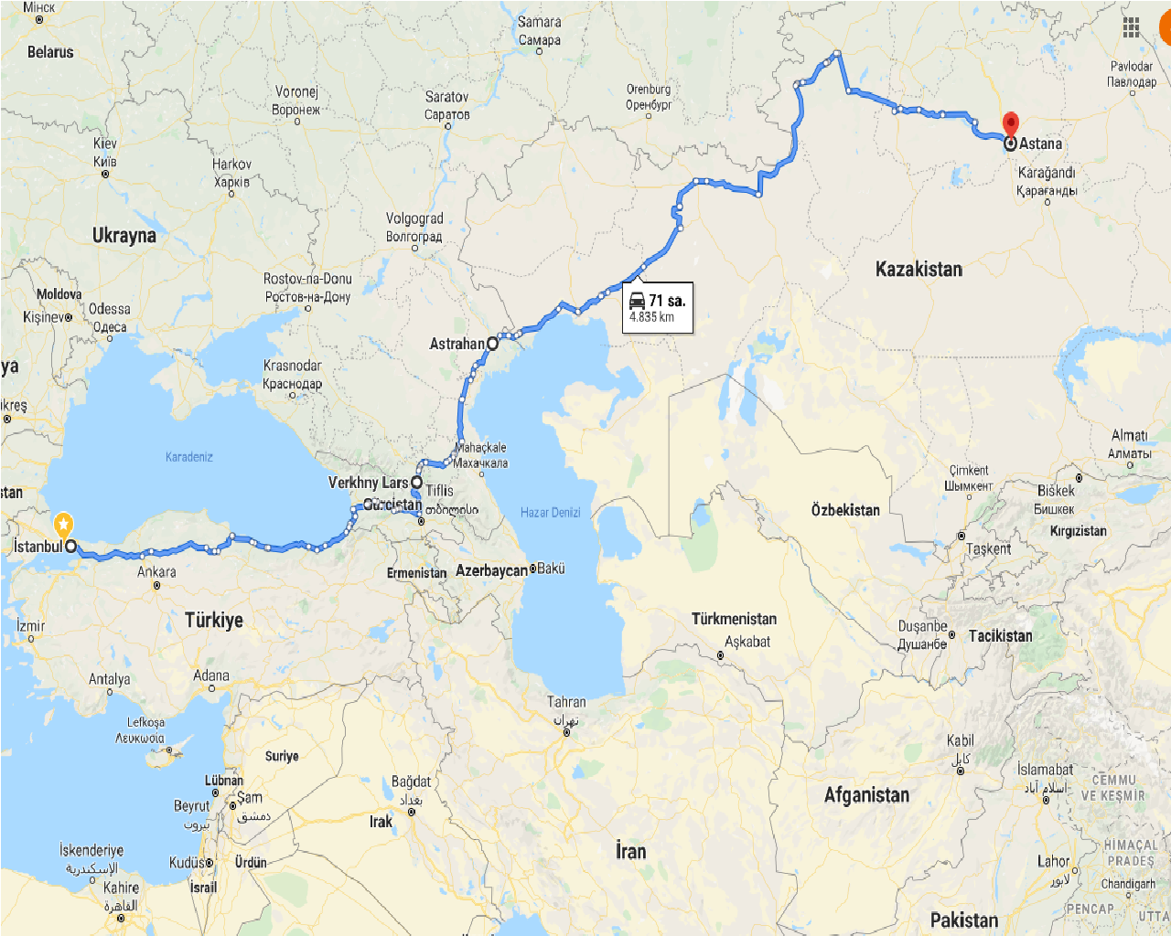 Türkiye - Kazakistan Aktif nakliye rotası